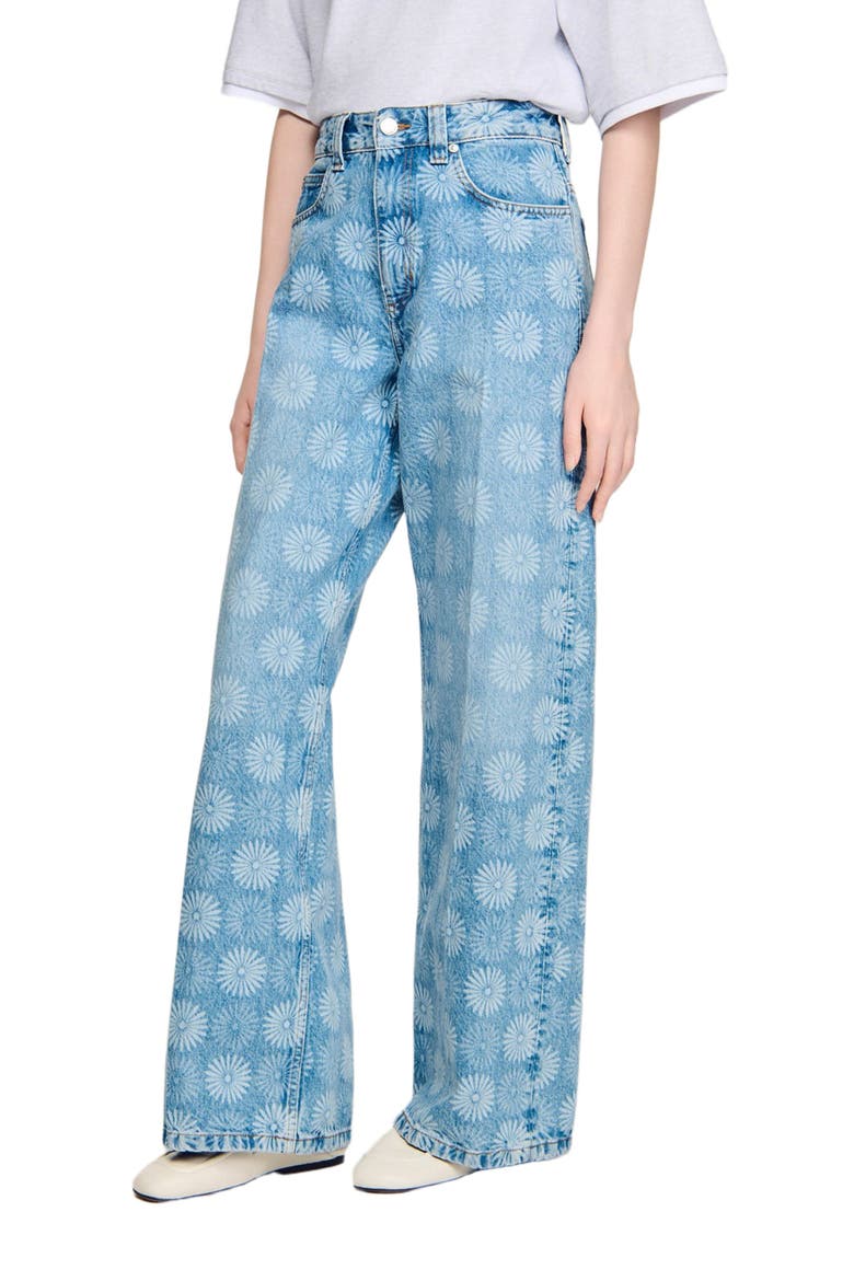 Wide-leg floral print jeans, Main, color, Blue jean