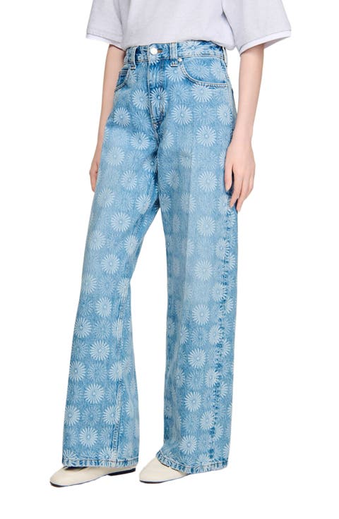 Wide-leg floral print jeans