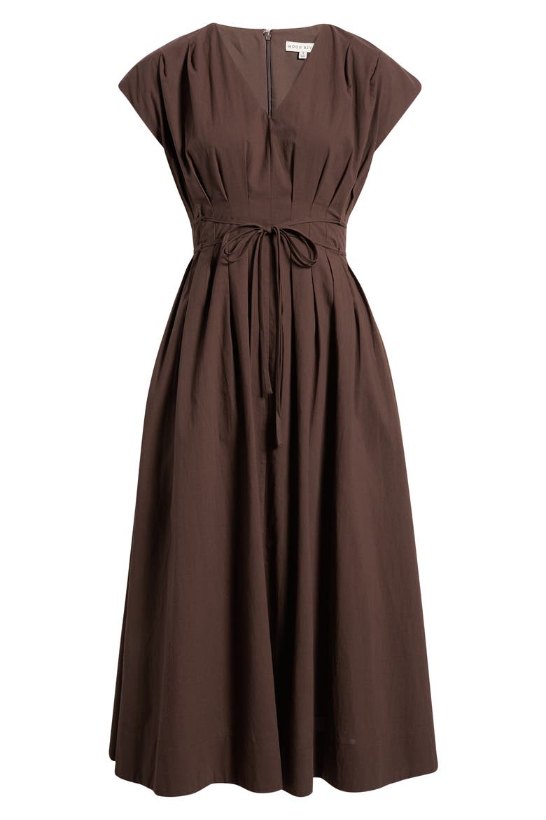 Pleated V-Neck Midi Dress, Alternate, color, DARK BROWN