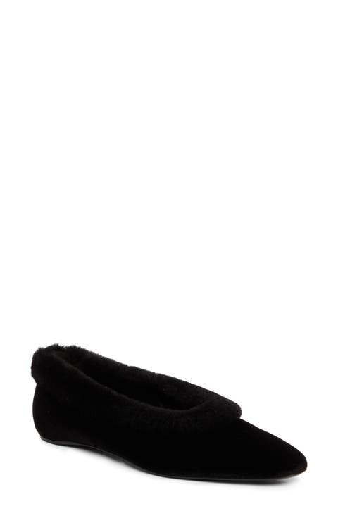 Genuine Shearling Trim Velvet Pointed Toe Ballet Flat (Women)