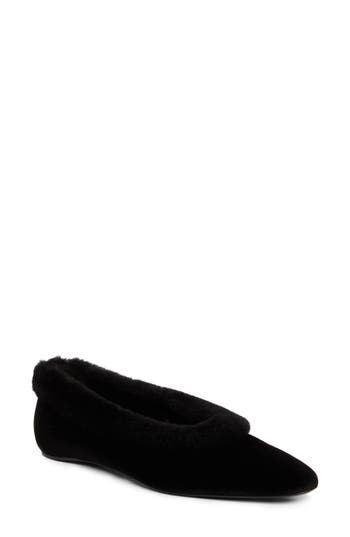 Totême Toteme Genuine Shearling Trim Velvet Pointed Toe Ballet Flat In Black