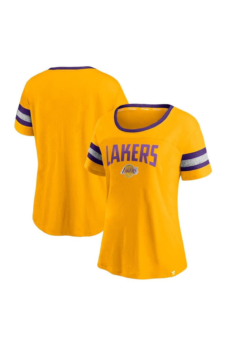 FANATICS Women's Fanatics Branded Gold/Heathered Gray Los Angeles Lakers Block Party Striped Sleeve T-Shirt, Alternate, color, 
