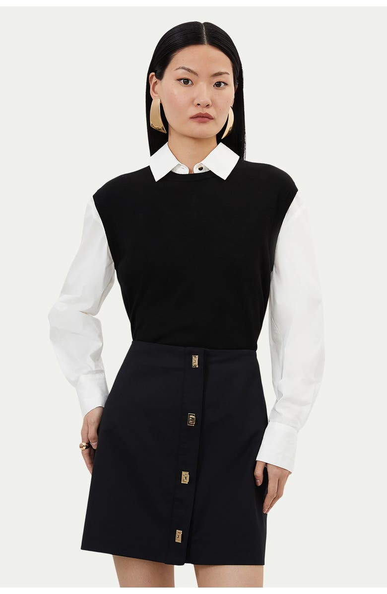 Karen Millen Techno Cotton Gold Clasp Skirt, Alternate, color, Black