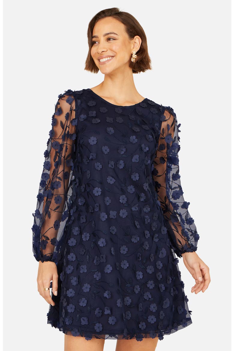 Long Sleeve Floral Applique Tunic Dress, Main, color, Navy