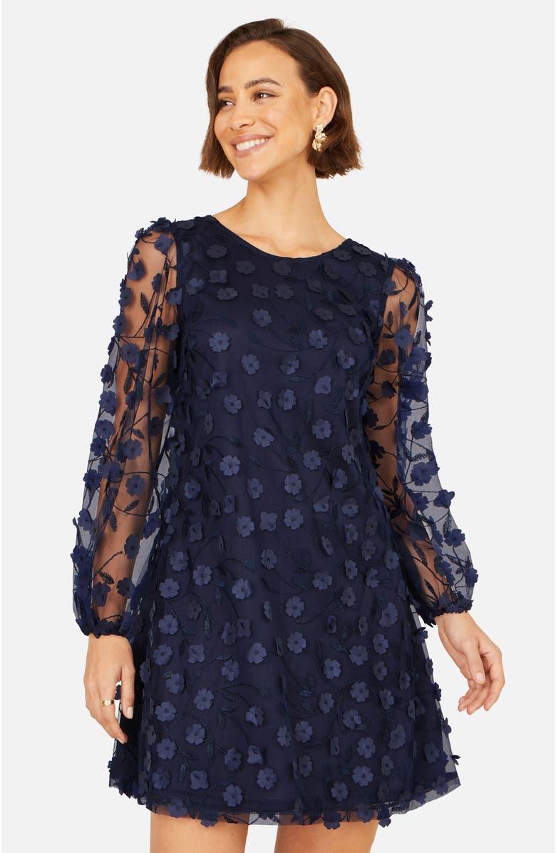 Yumi Long Sleeve Floral Applique Tunic Dress, Main, color, Navy