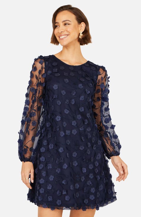 Long Sleeve Floral Applique Tunic Dress