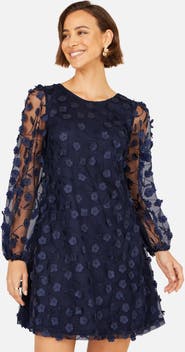 Yumi Long Sleeve Floral Applique Tunic Dress