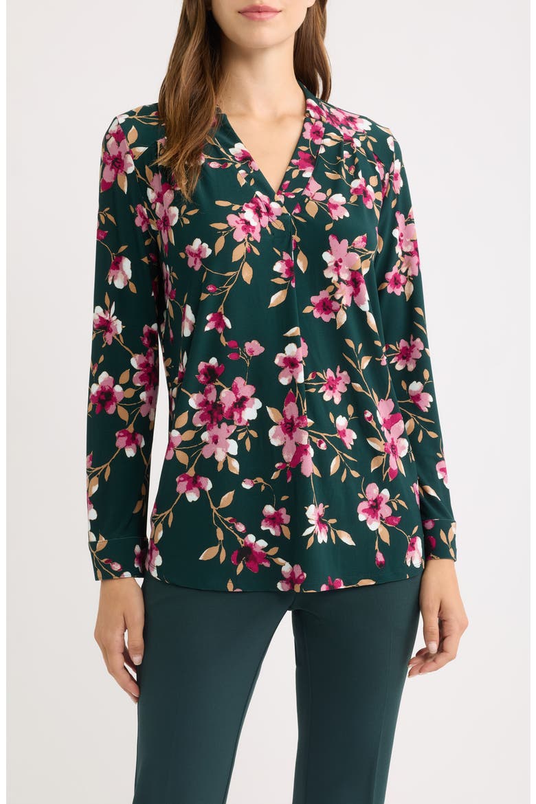 Printed Notched V-Neck Long Sleeve Top, Main, color, TREELINE MULTI