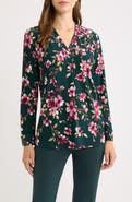 AK ANNE KLEIN Printed Notched V-Neck Long Sleeve Top