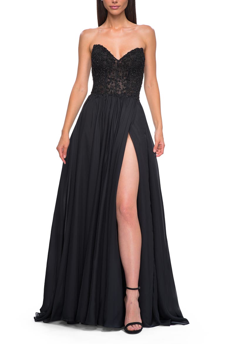 Chiffon Gown with High Slit and Strapless Lace Top, Alternate, color, Black