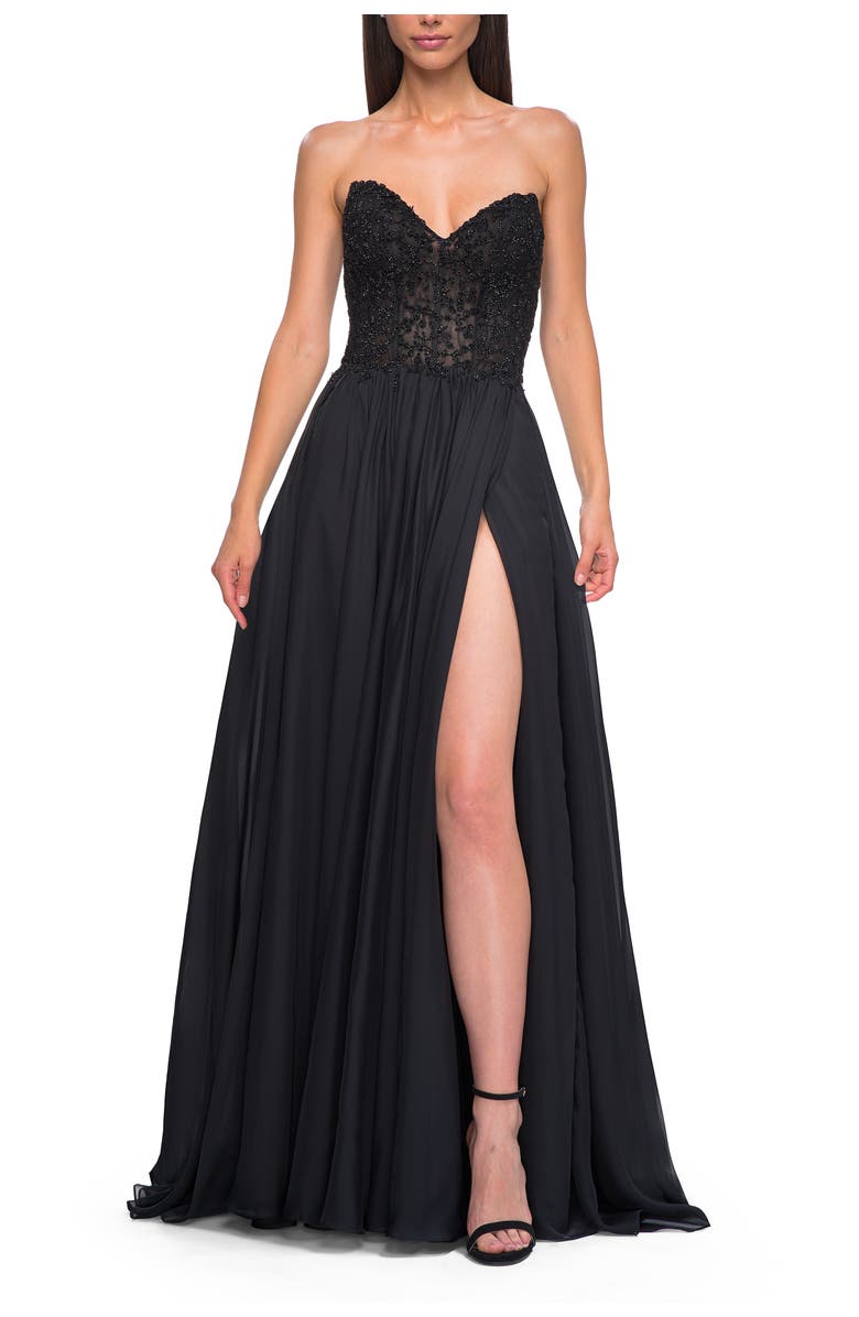 La Femme Chiffon Gown with High Slit and Strapless Lace Top, Alternate, color, Black