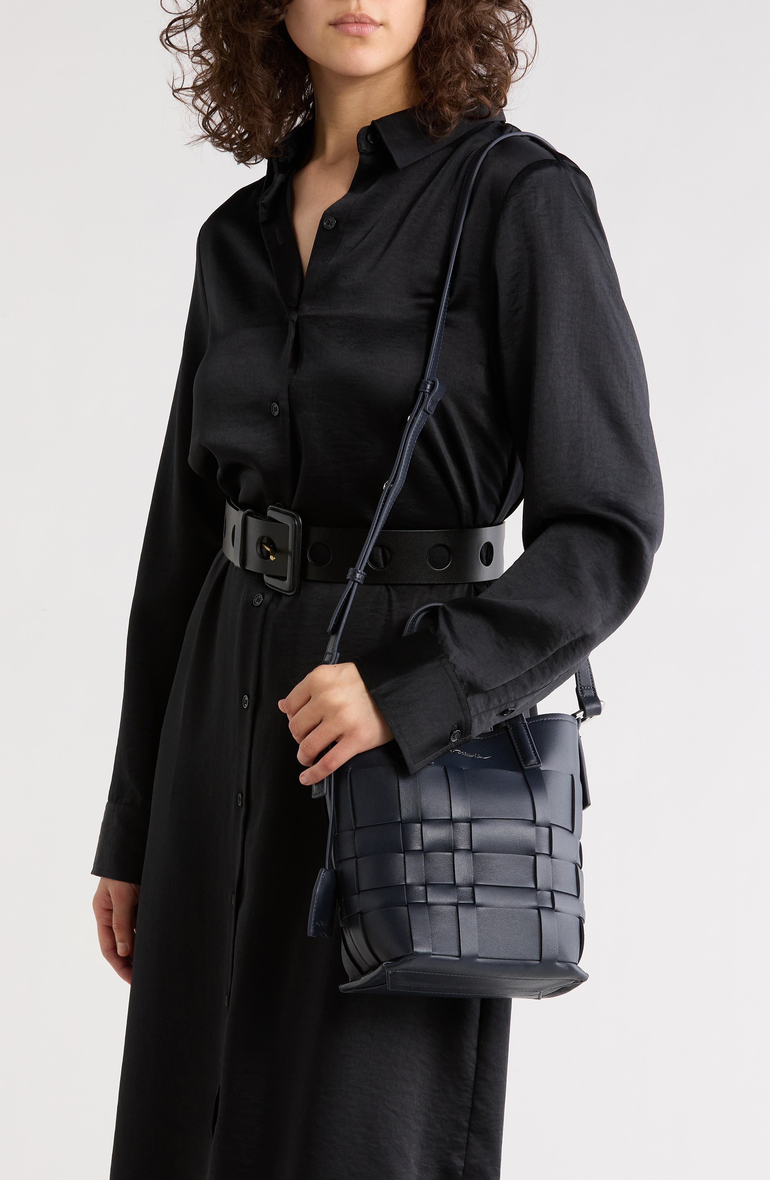 Odita Leather Lattice Bucket Bag, Alternate, color, INK