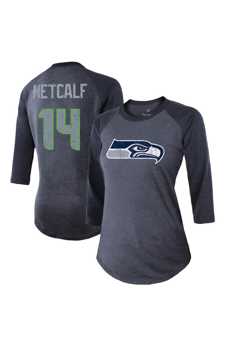 Majestic Threads Women's Fanatics Branded DK Metcalf College Navy Seattle Seahawks Team Player Name & Number Tri-Blend Raglan 3/4-Sleeve T-Shirt, Main, color, Navy