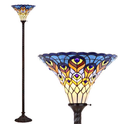Peacock Tiffany-Style 70" Torchiere LED Floor Lamp, Bronze