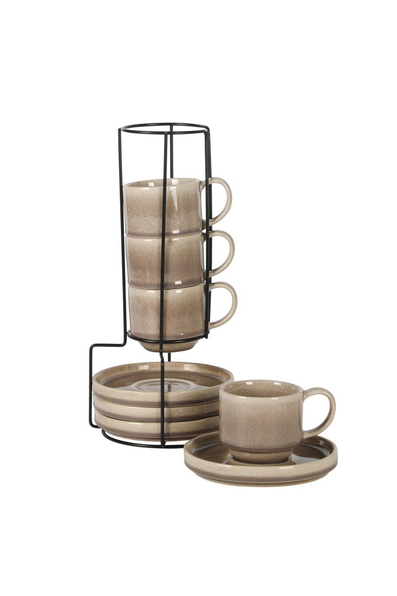 Sunrise Hills Stackable Stoneware Cup and Saucer Set with Metal Rack, Alternate, color, Taupe