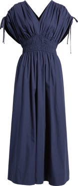 Vince Camuto Cotton Poplin Ruched Tie Shoulder Dress