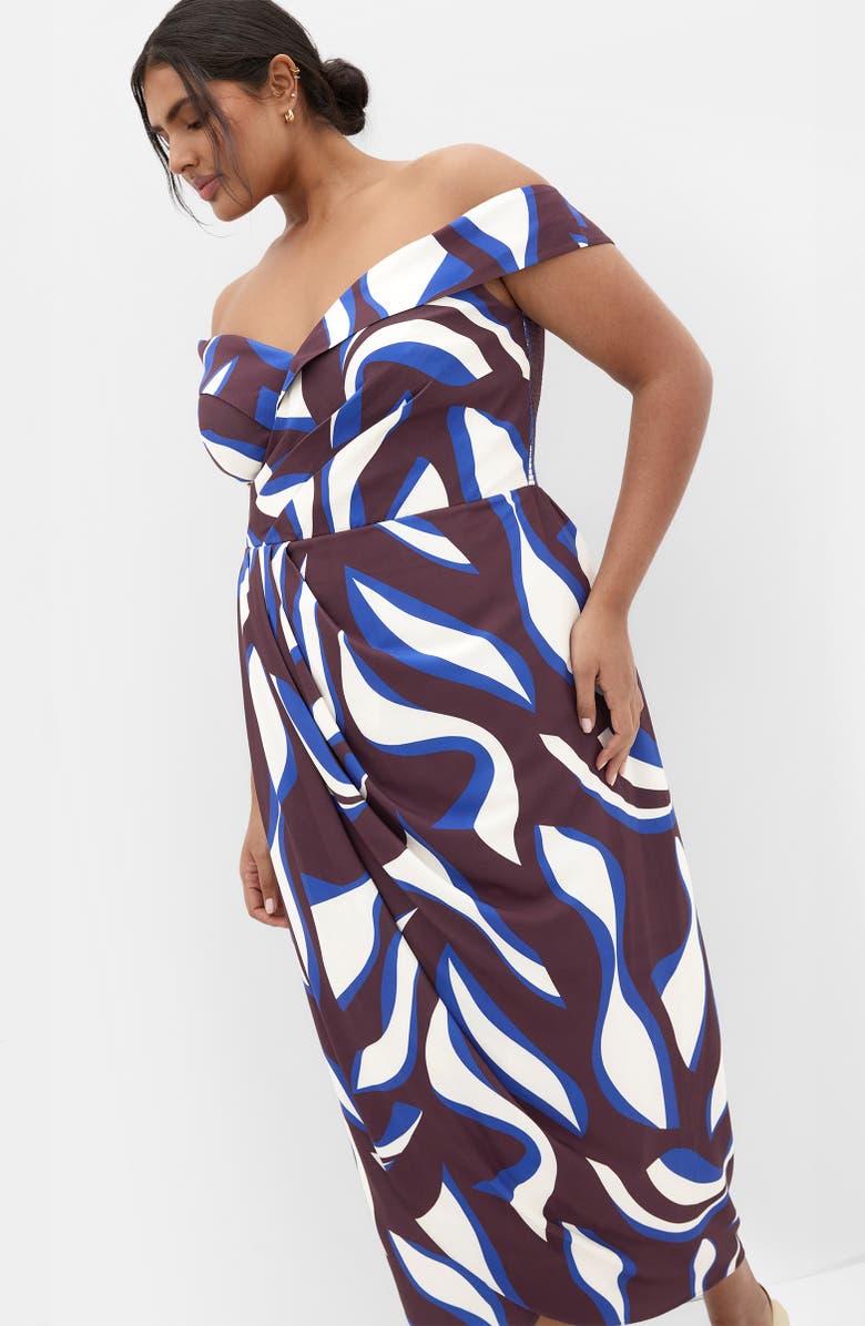 City Chic Clair Print Off the Shoulder Midi Dress, Alternate, color, Cocoa Swirl