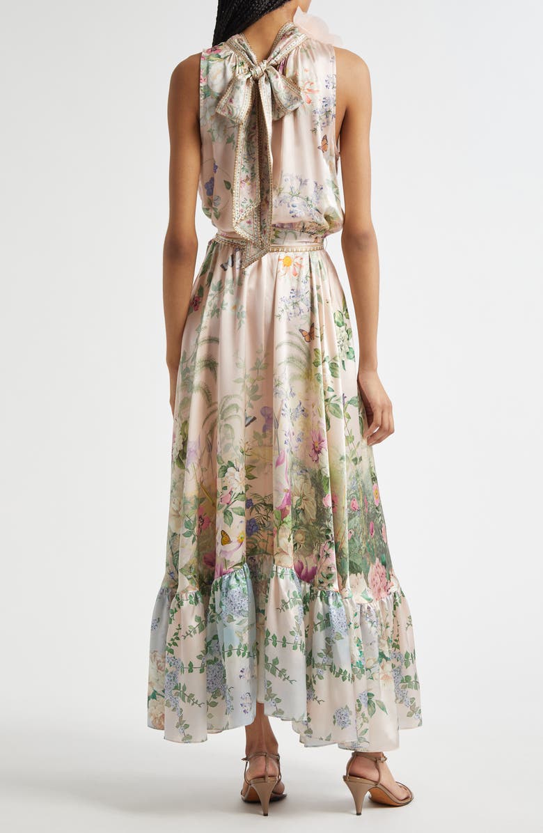 Camilla Floral Appliqué Tiered Silk Charmeuse Maxi Dress, Alternate, color, 