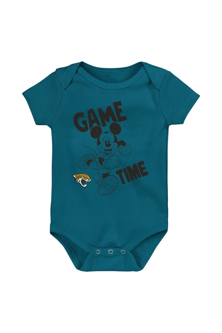 Newborn & Infant Teal/Black/Gray Jacksonville Jaguars Three-Piece Disney Game Time Bodysuit Set, Alternate, color, Teal