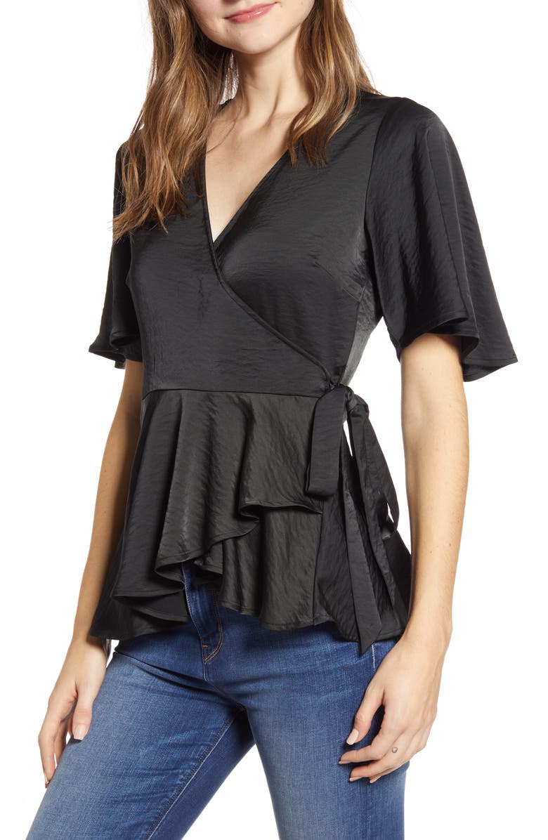 Bobeau Angel Flutter Sleeve Wrap Blouse, Main, color, 