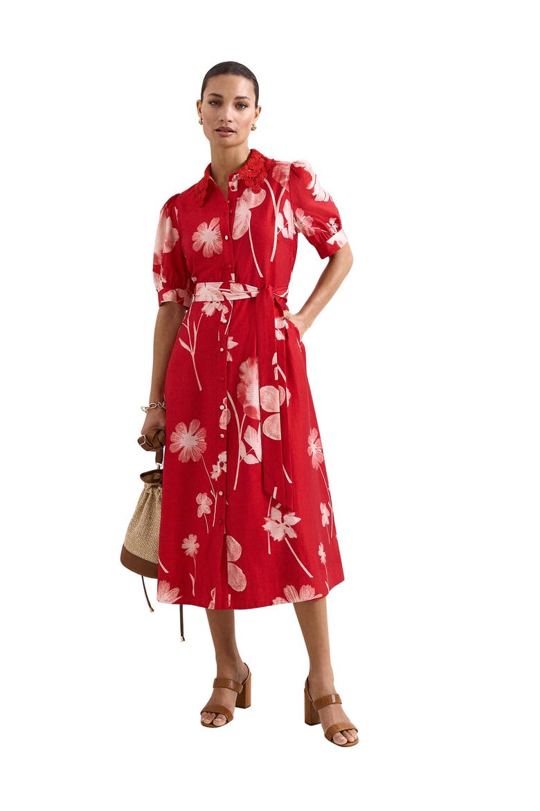 Petite Delphine Belted Midi Shirt Dress, Main, color, Red