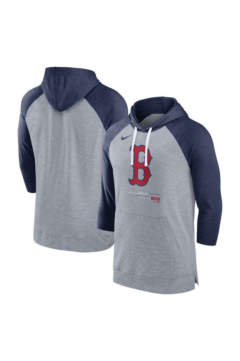 Men's Nike Heather Gray/Heather Navy Boston Red Sox Baseball Raglan 3/4-Sleeve Pullover Hoodie, Main, color, Heather Gray