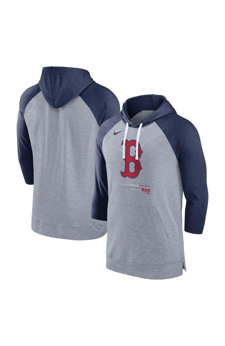 Nike Men's Nike Heather Gray/Heather Navy Boston Red Sox Baseball Raglan 3/4-Sleeve Pullover Hoodie, Main, color,