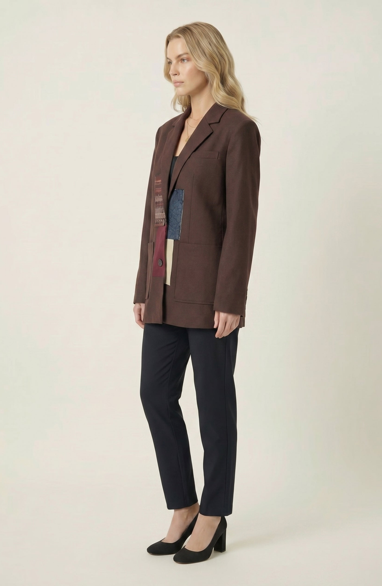 Modenaire Patchwork Detail Notched Lapel Blazer, Alternate, color, Dark Brown