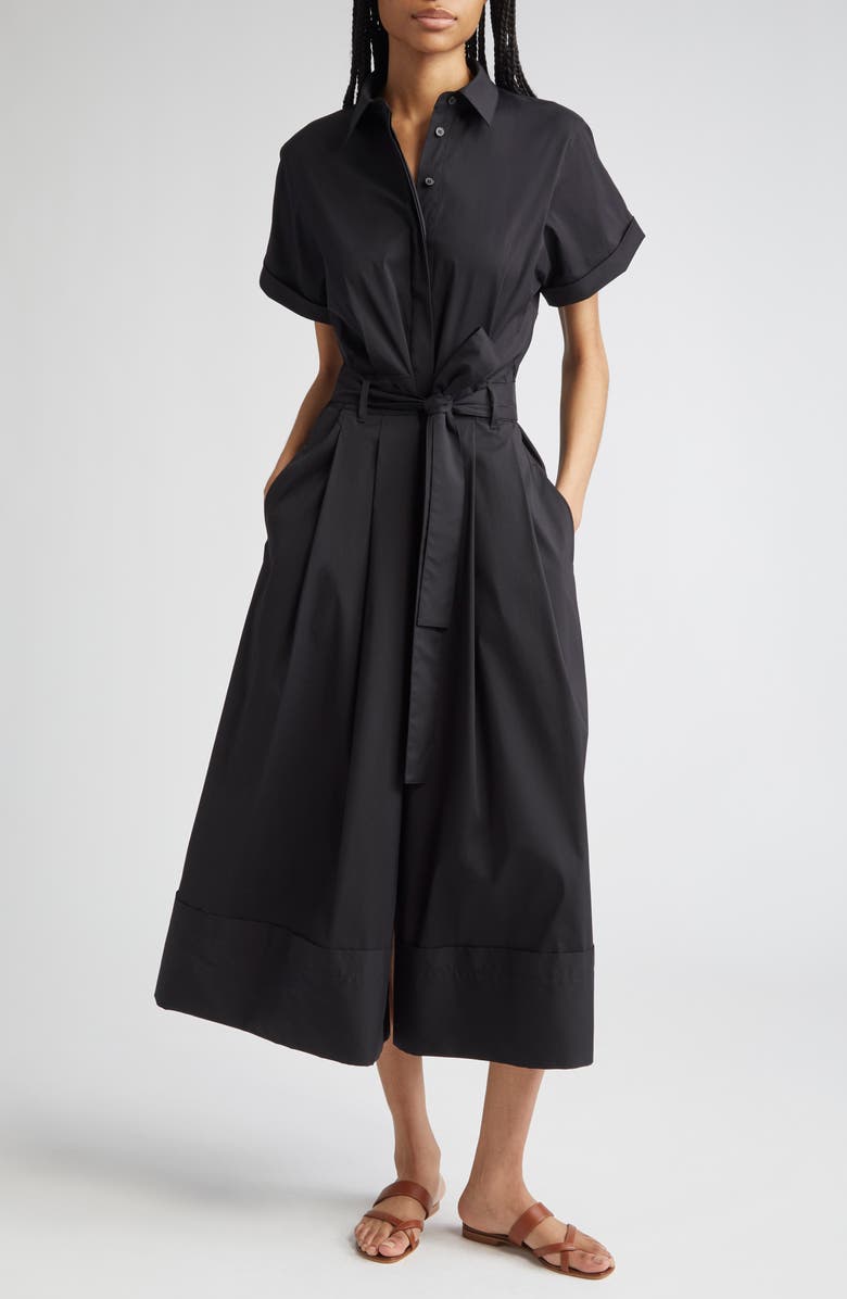 Lafayette 148 New York Cotton Blend Poplin Belted Shirtdress, Main, color, Black