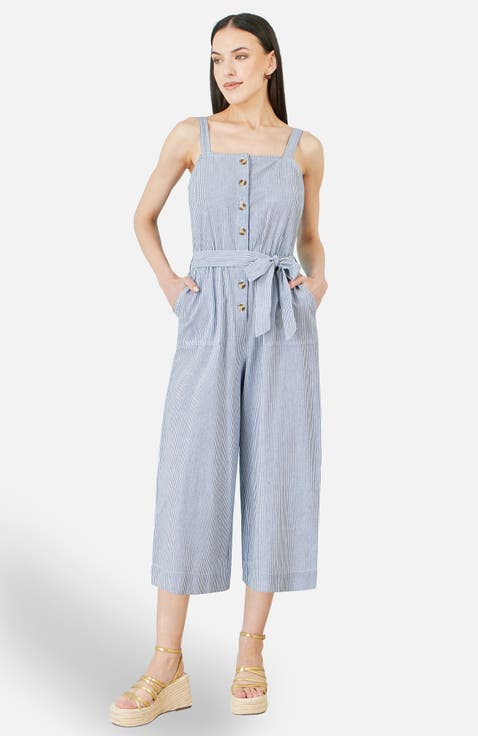 Cotton Stripe Button Through Jumpsuit