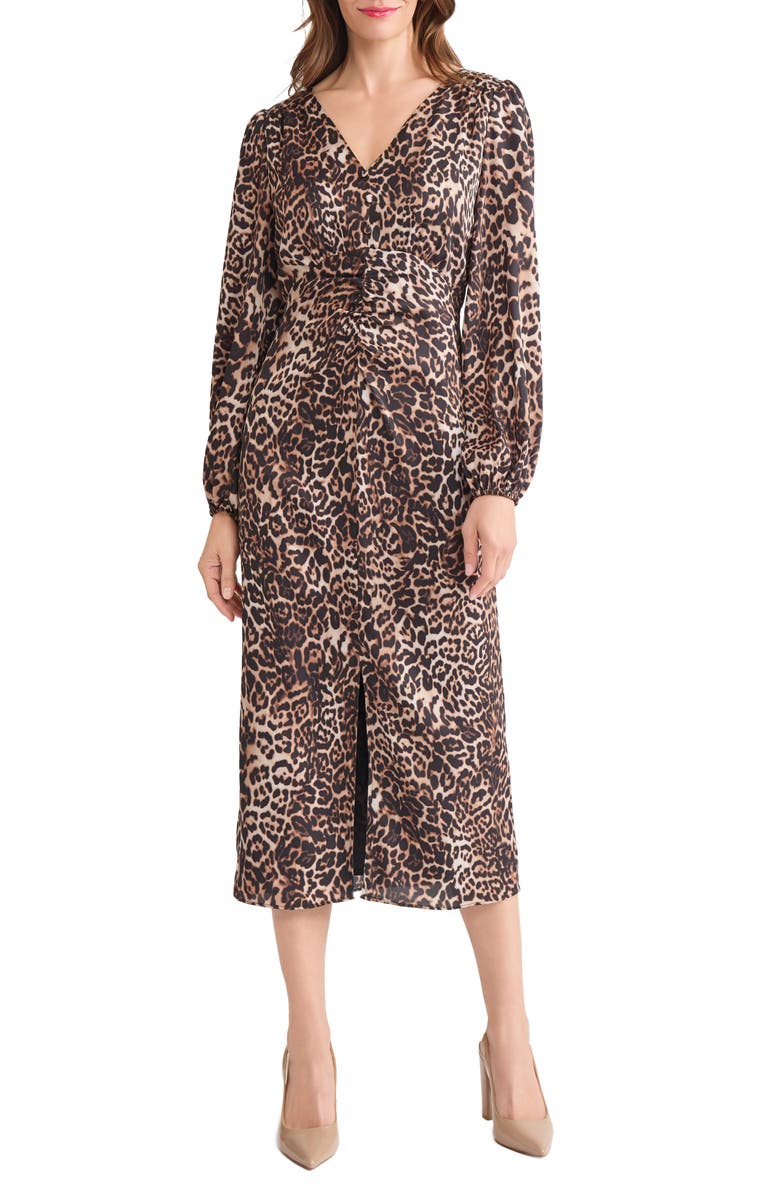 Jones New York Leopard Print Long Sleeve Midi Dress, Main, color, Jones Black Multi