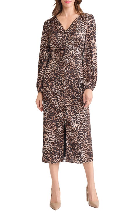 Leopard Print Long Sleeve Midi Dress