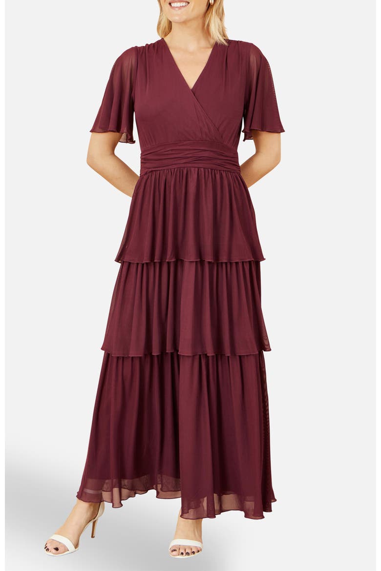 Mesh V-Neck Tiered Maxi Dress, Alternate, color, Burgundy