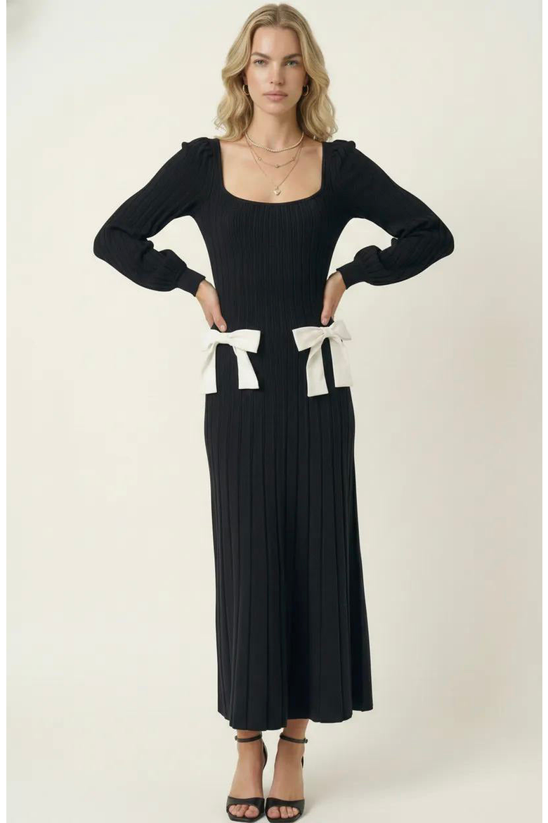 Front Bow Flared Sweater Midi Dress, Alternate, color, Black