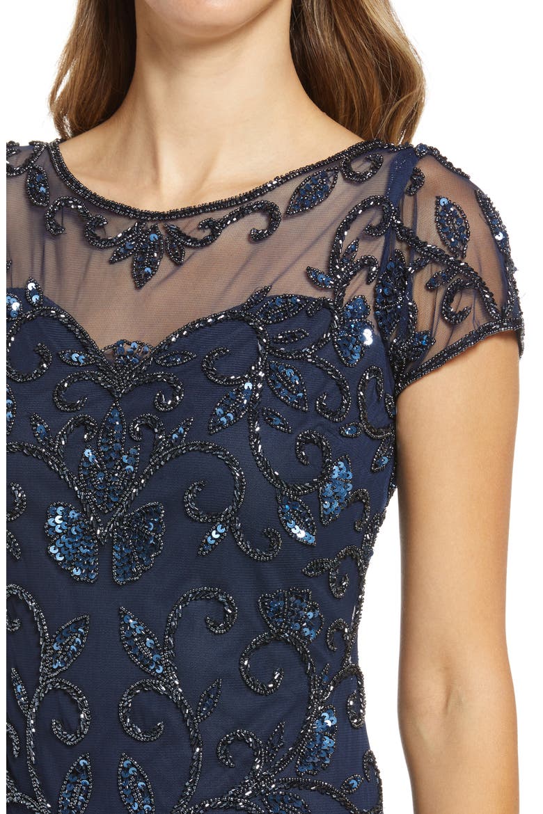 Illusion Beaded Cocktail Dress, Alternate, color, NAVY