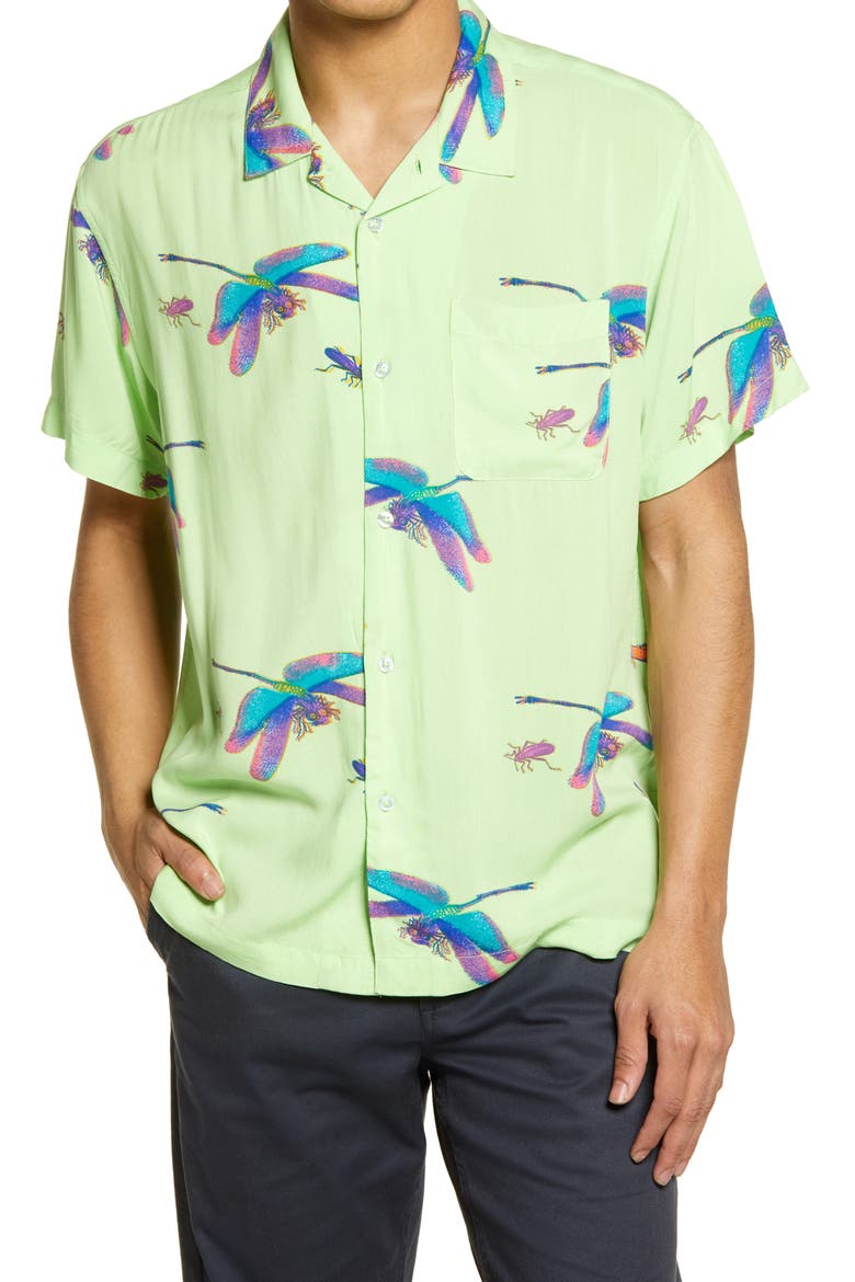 Dragonfly Regular Fit Short Sleeve Button-Up Camp Shirt, Main, color, SPIRULINA MULTI