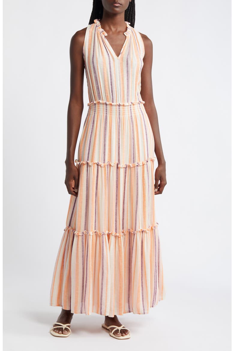 Loulou Stripe Sleeveless Linen Blend Maxi Dress, Main, color, PAPAYA STRIPE