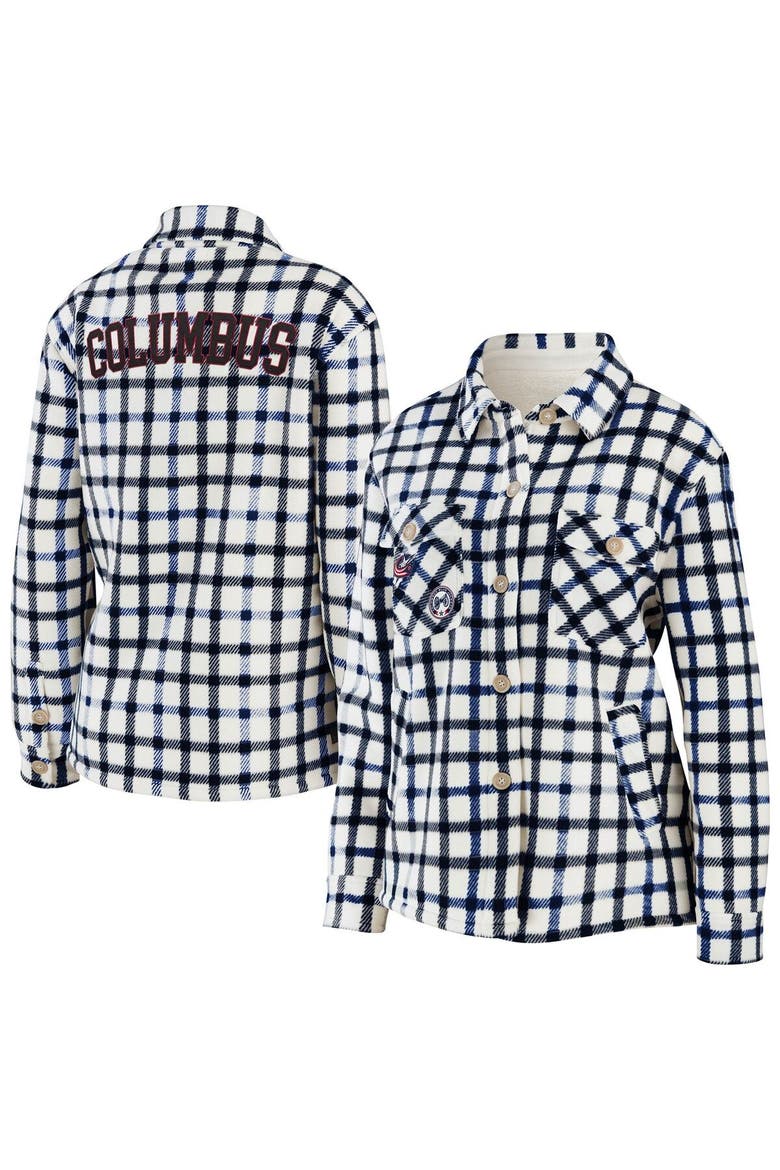 Women's WEAR by Erin Andrews Oatmeal Columbus Blue Jackets Plaid Button-Up Shirt Jacket, Main, color, Oatmeal