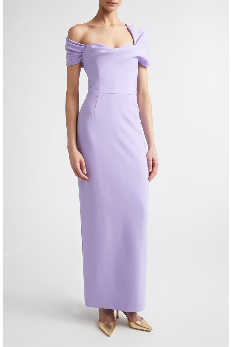 Sofia Draped Off the Shoulder Crepe Column Gown, Main, color, VIOLETA