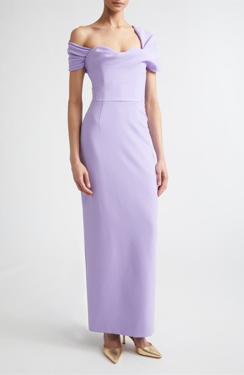 Carolina Herrera Sofia Draped Off the Shoulder Crepe Column Gown, Main, color, Violeta