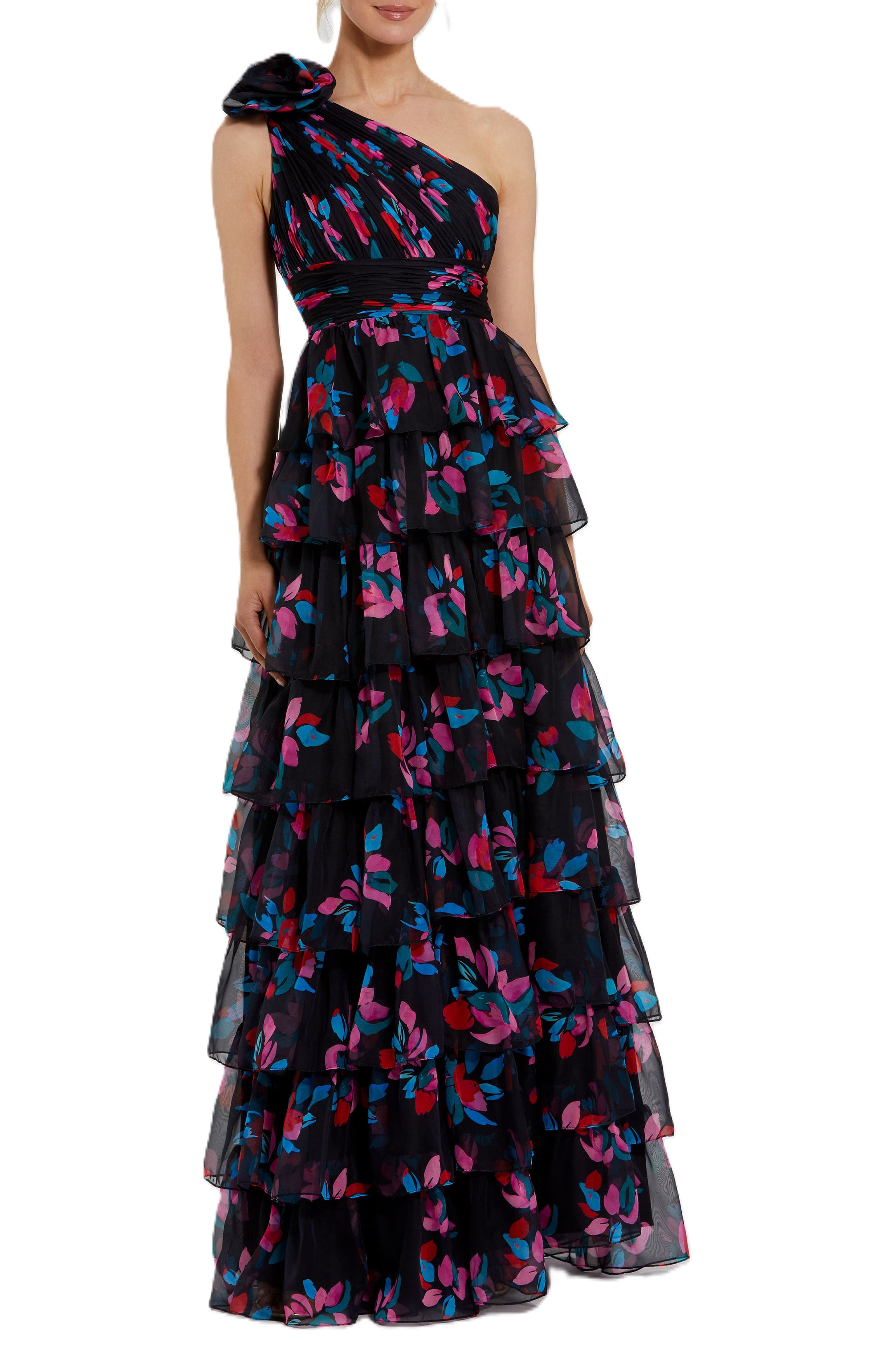 One Shoulder Printed Chiffon Tiered Ruffle Gown