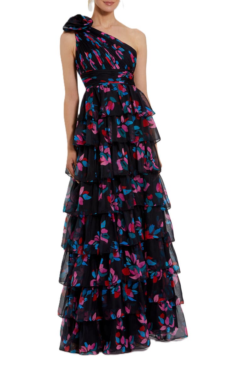 One Shoulder Printed Chiffon Tiered Ruffle Gown, Main, color, Black Multi