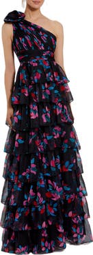 Mac Duggal One Shoulder Printed Chiffon Tiered Ruffle Gown