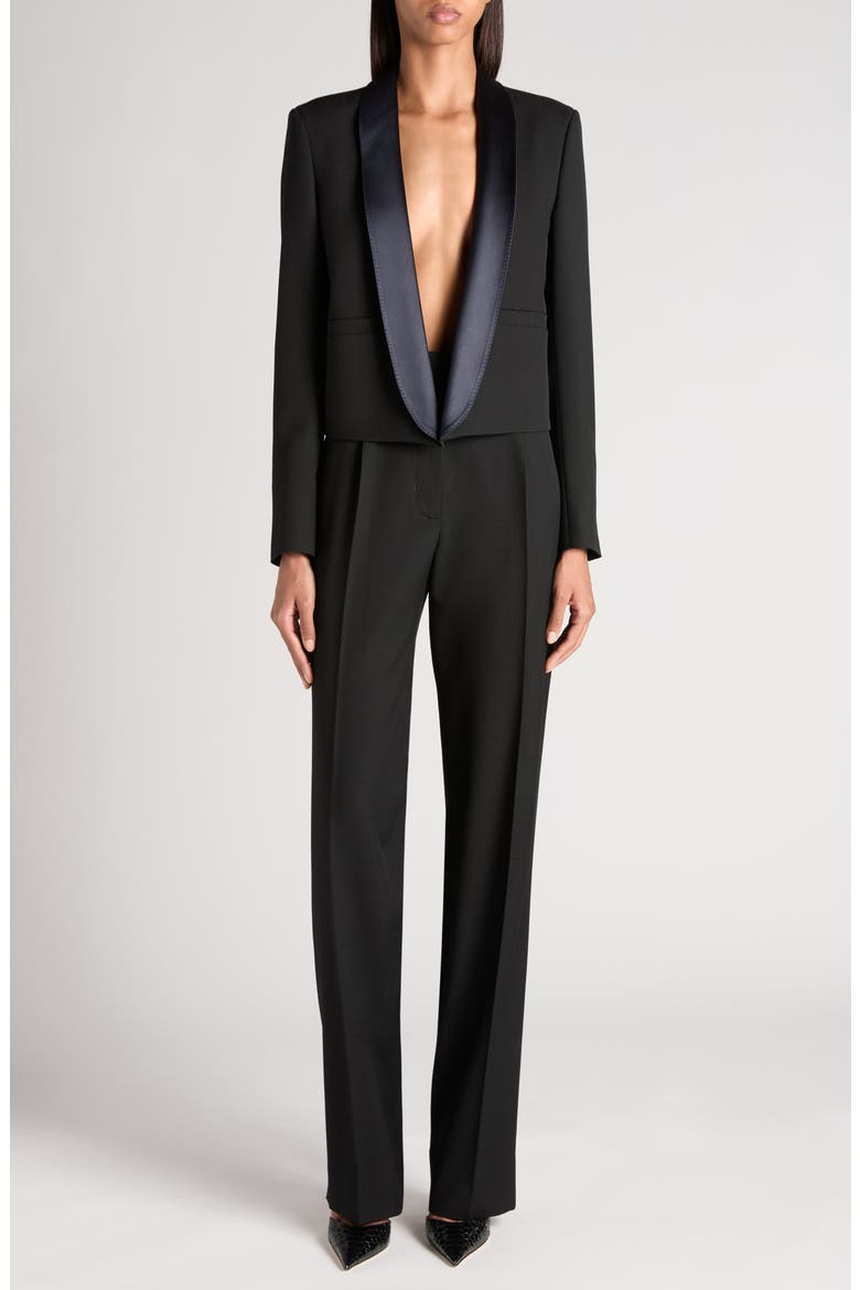 Wool Grain de Poudre Crop Tuxedo Jacket, Alternate, color, BLACK/ DEEP BLUE NAVY