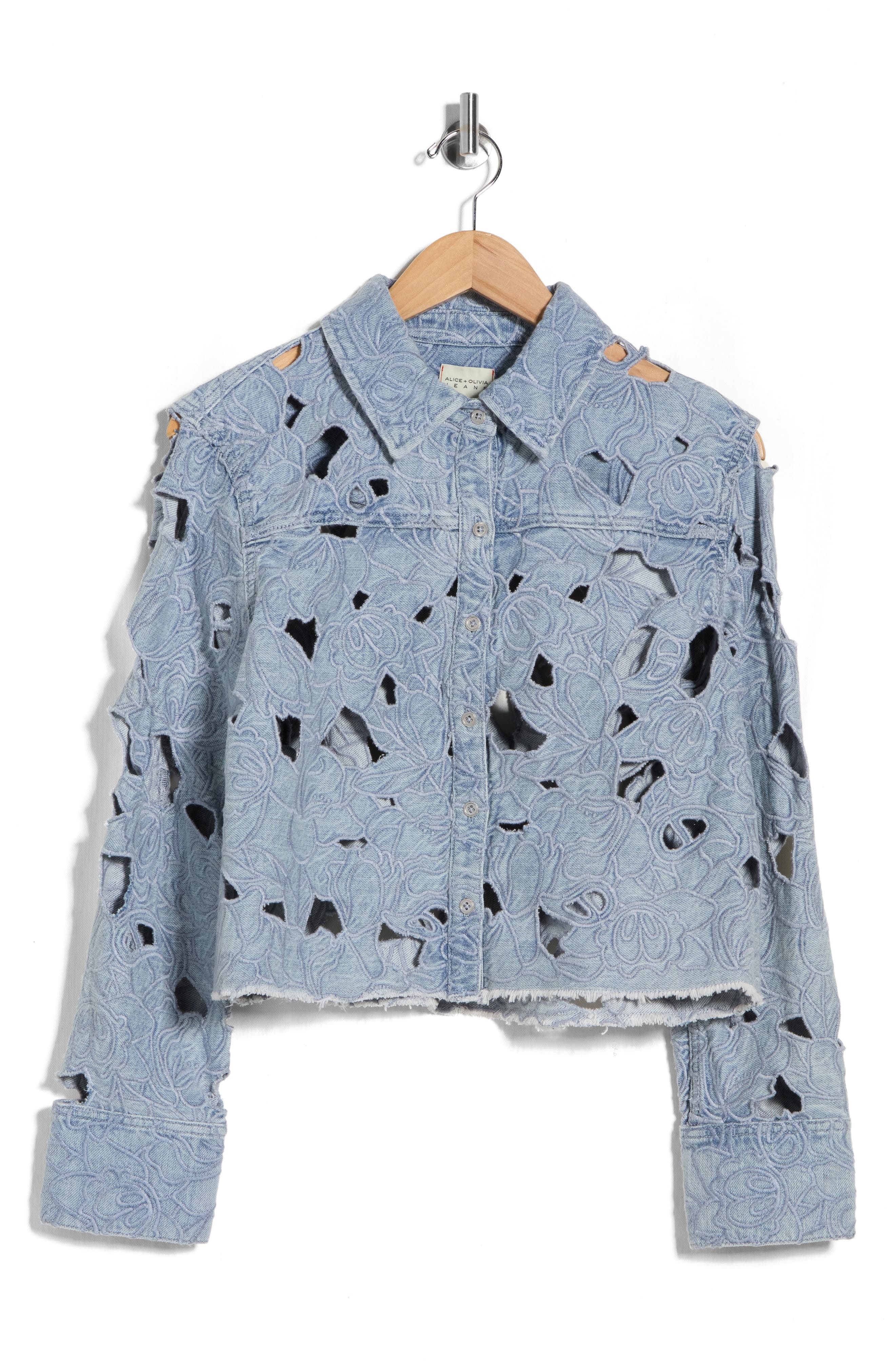 Alice + Olivia Embroidered Cutout Floral Denim Crop Shirt Jacket