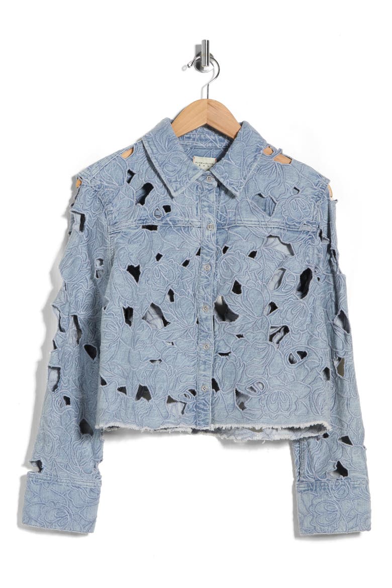 Embroidered Cutout Floral Denim Crop Shirt Jacket, Alternate, color, ROCKSTAR BLUE