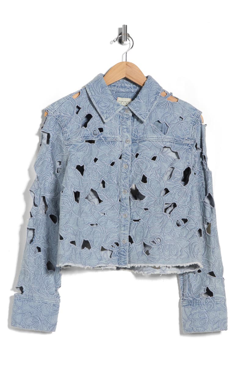Alice + Olivia Embroidered Cutout Floral Denim Crop Shirt Jacket, Main, color, Rockstar Blue