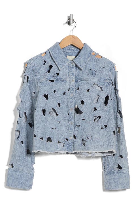 Embroidered Cutout Floral Denim Crop Shirt Jacket