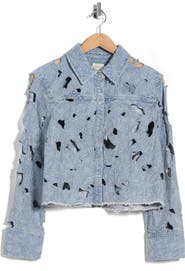 Alice + Olivia Embroidered Cutout Floral Denim Crop Shirt Jacket