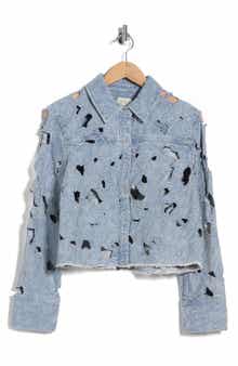 Alice + Olivia Embroidered Cutout Floral Denim Crop Shirt Jacket